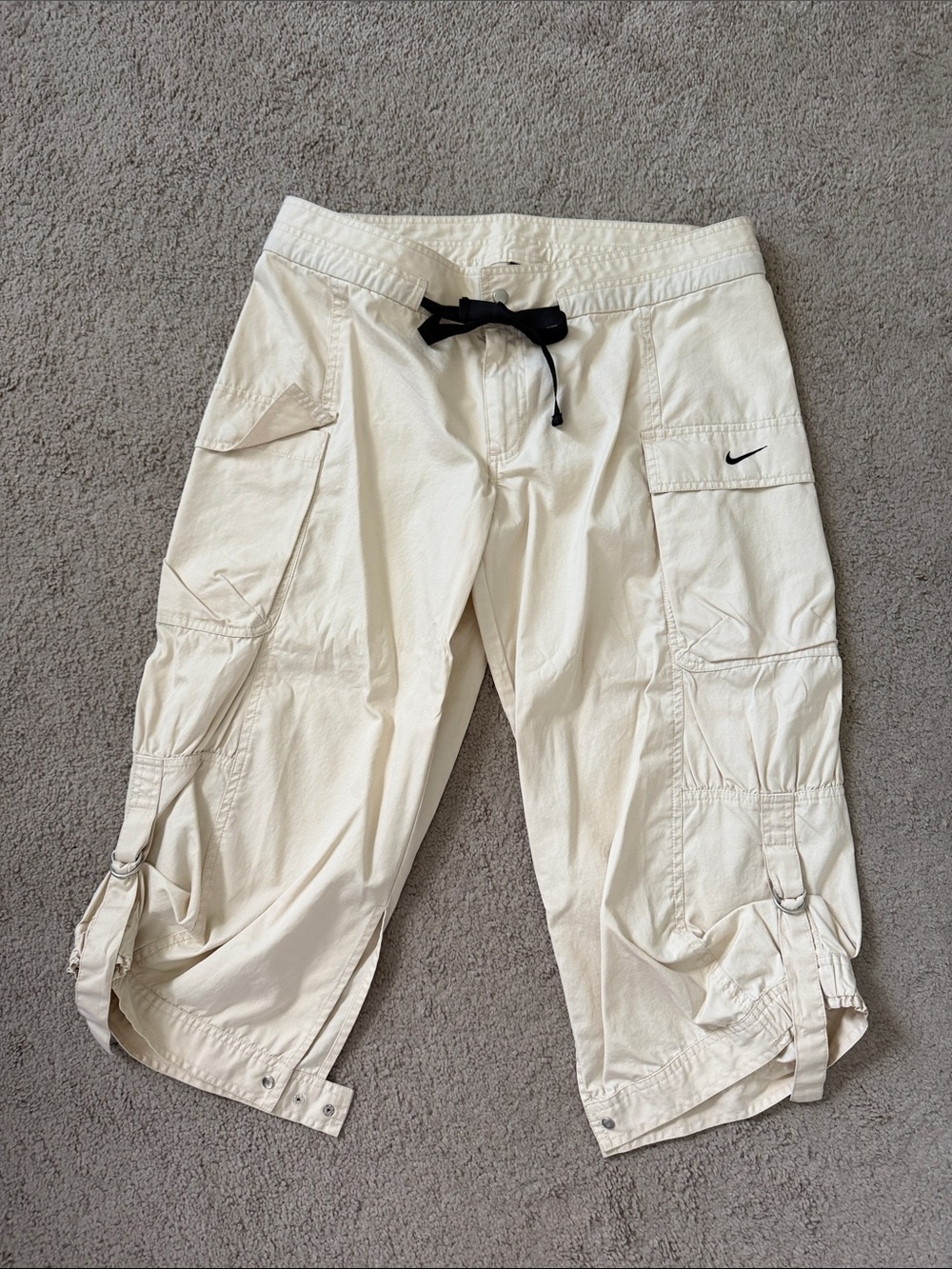 Nike Women’s Off-White Cargo Dance Style Capris with Black Ribbon Tie
